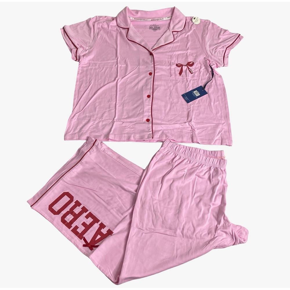 Aeropostale Pajama Set Womens XL Pink Bow AERO Graphic Button Top Pants